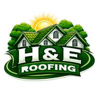 H&E Roofing logo with green-roof house, trees, and rising sun