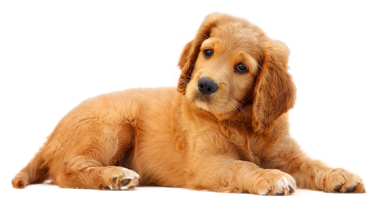 A Brown Puppy Is Laying Down on A White Background.