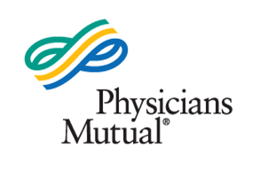 A logo for physicians mutual with a blue yellow and green infinity symbol