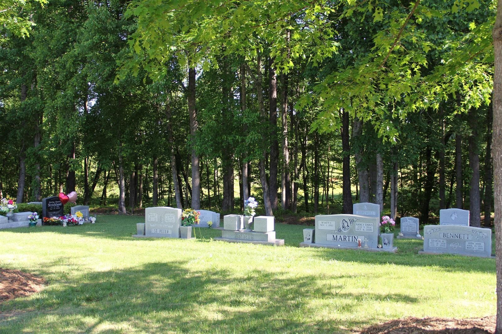 A cemetery with a lot of graves and trees in the background