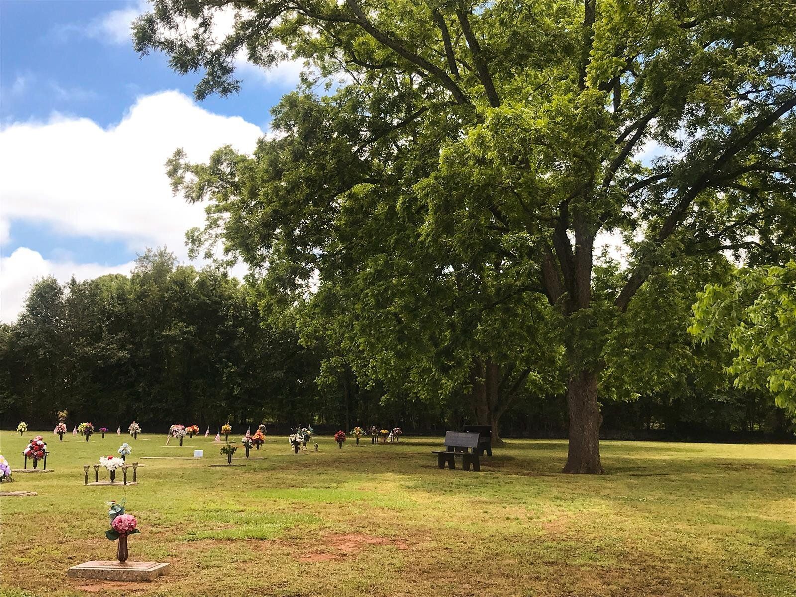 A cemetery filled with graves and trees on a sunny day.