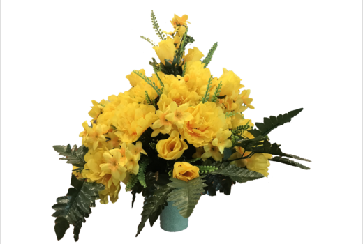 A bouquet of yellow flowers in a blue vase on a white background