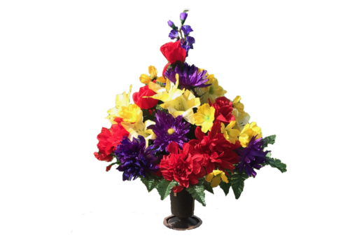 A vase filled with colorful flowers on a white background