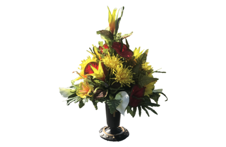 A vase filled with flowers on a white background