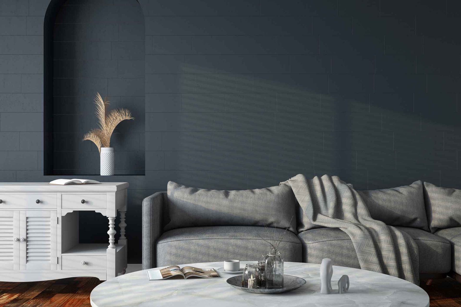 A living room with a couch and a coffee table.