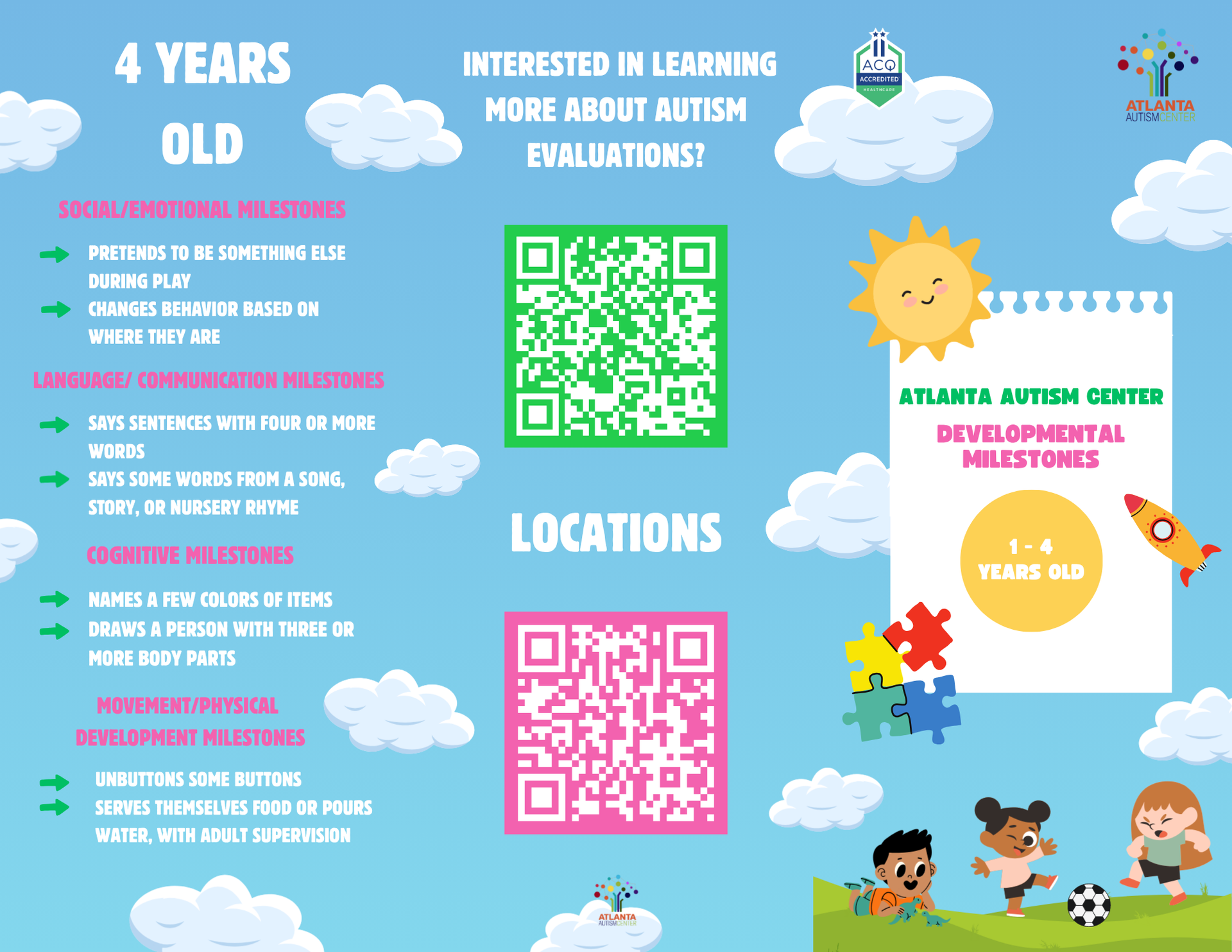 Flyer for the Atlanta Autism Center. Developmental milestones for 4-year-olds are listed. QR codes for info are present.