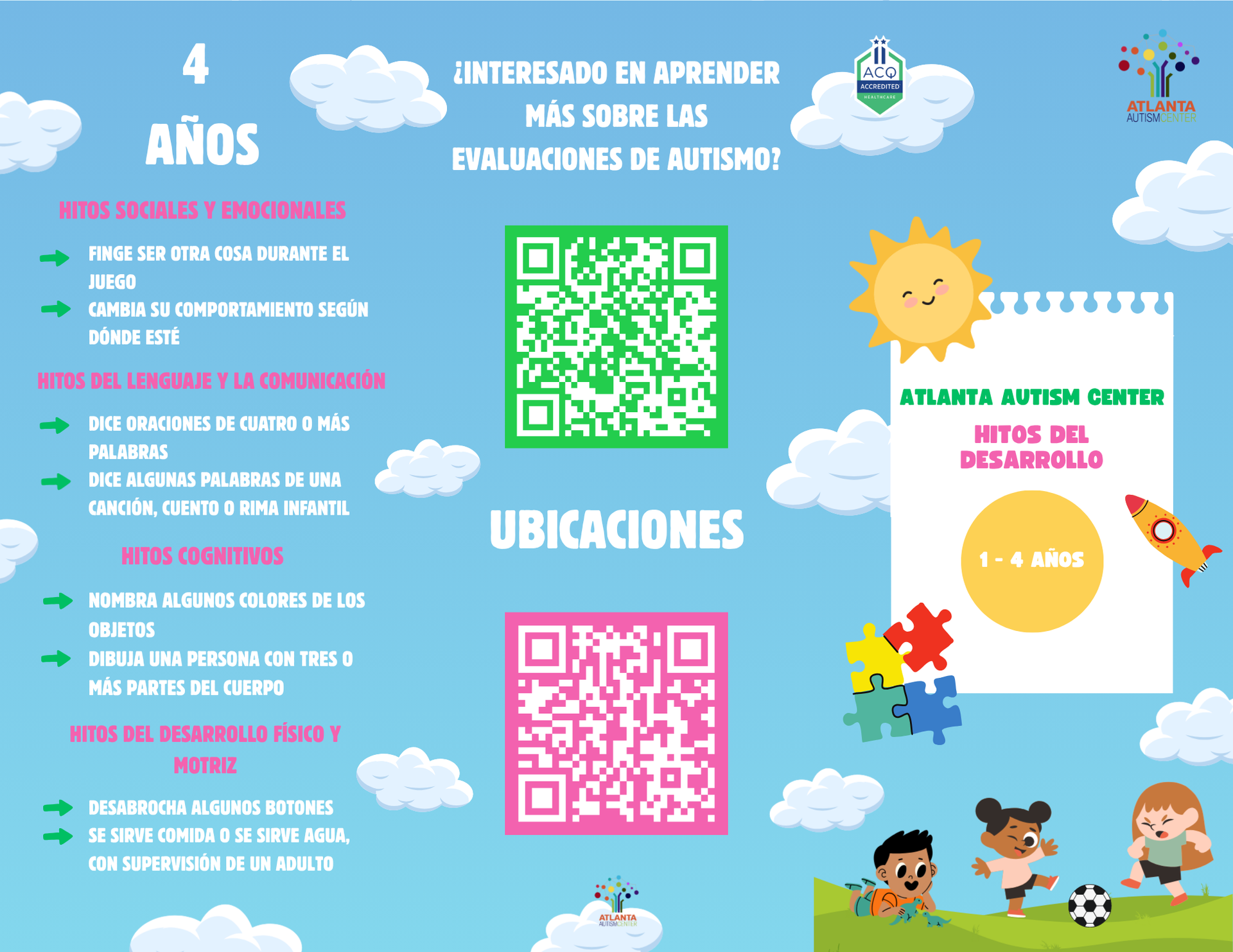 Brochure about autism evaluations; green & pink QR codes, children playing soccer.