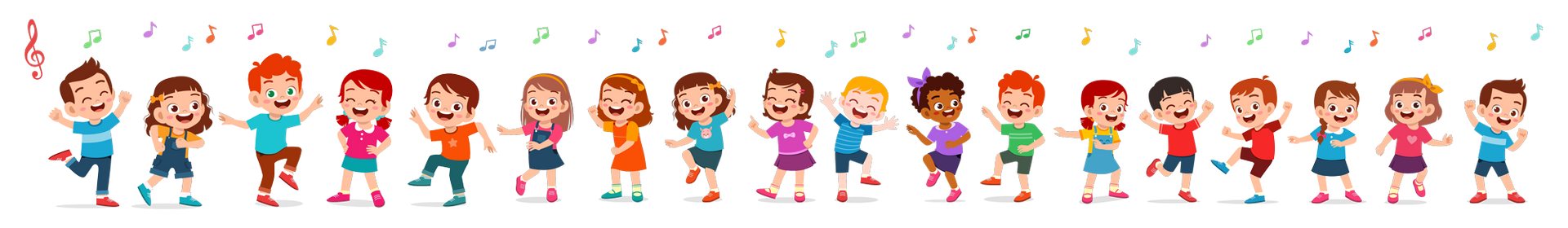 Children dancing with musical notes in the air.