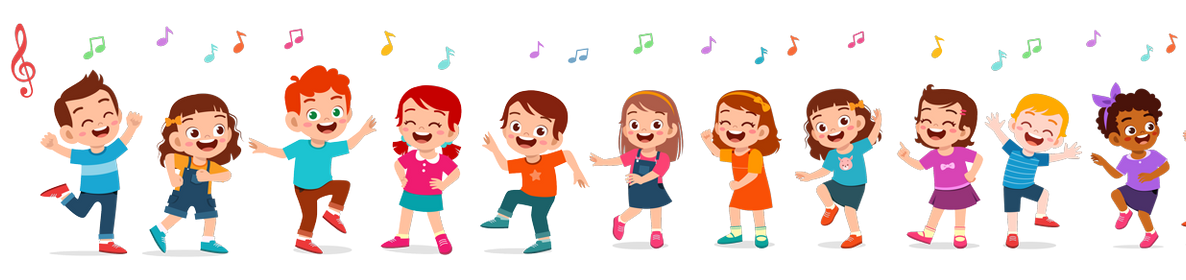Children dancing happily with musical notes floating above them.