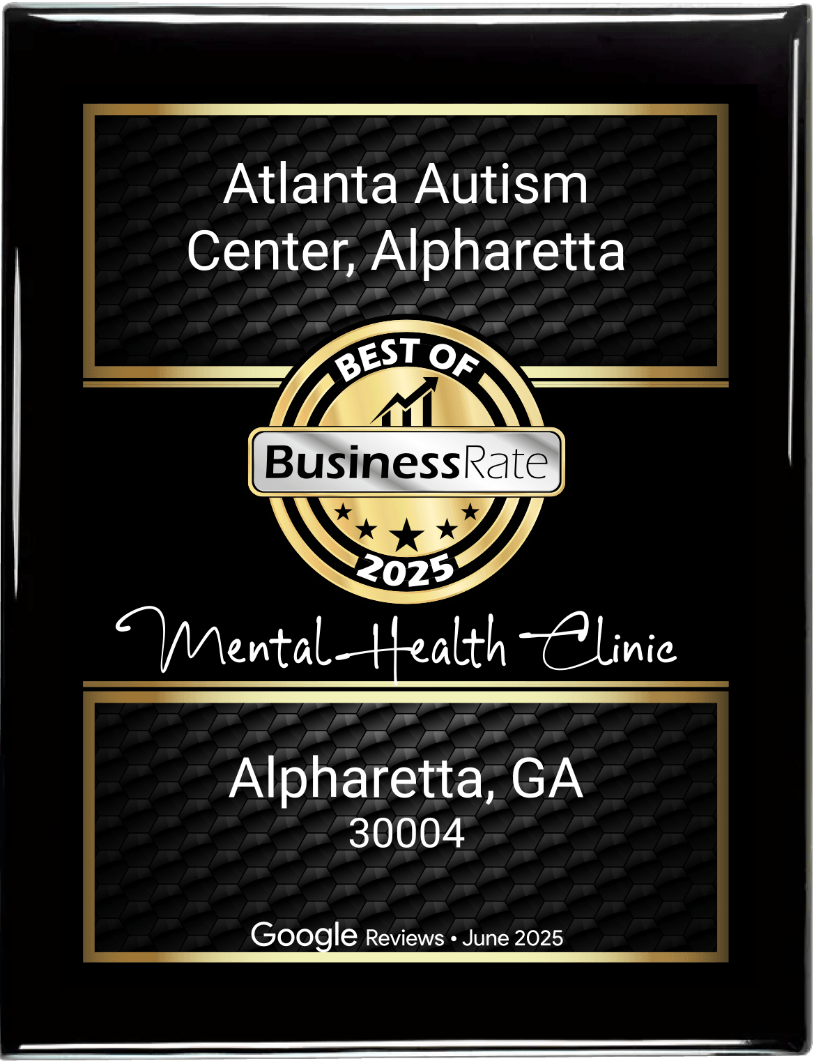 Award plaque for Atlanta Autism Center, Alpharetta, a mental health clinic,