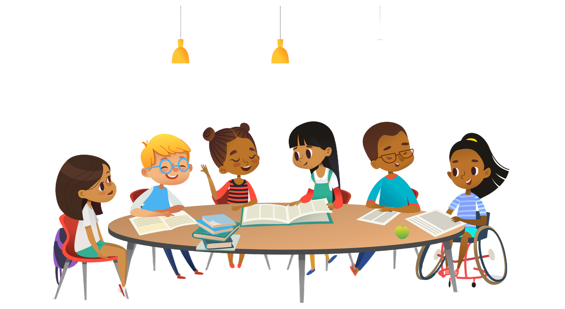 Children seated around a table, reading and discussing; one child is in a wheelchair.