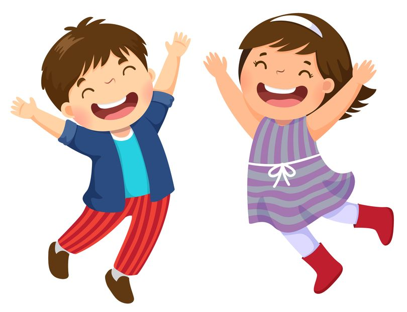 Two children, arms raised, jumping and smiling. Boy in striped pants, girl in purple dress.