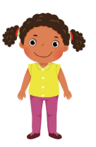 Cartoon of girl with  pigtails, wearing a green shirt and dark pink pants.