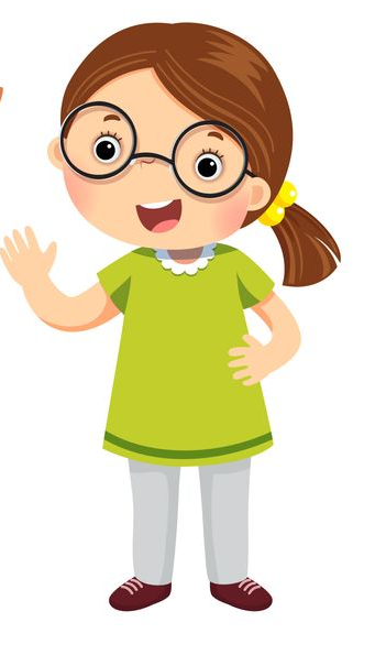 Cartoon of a girl with dark hair and glasses. She is waving her hand.
