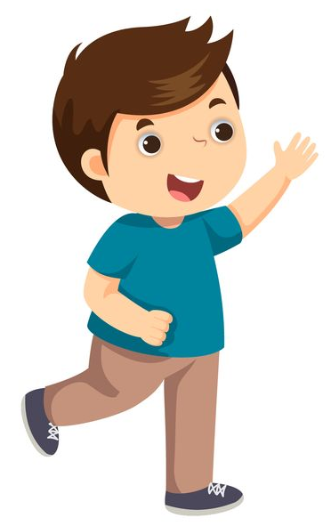 Boy waving, brown hair, blue shirt, tan pants, running forward, smiling.