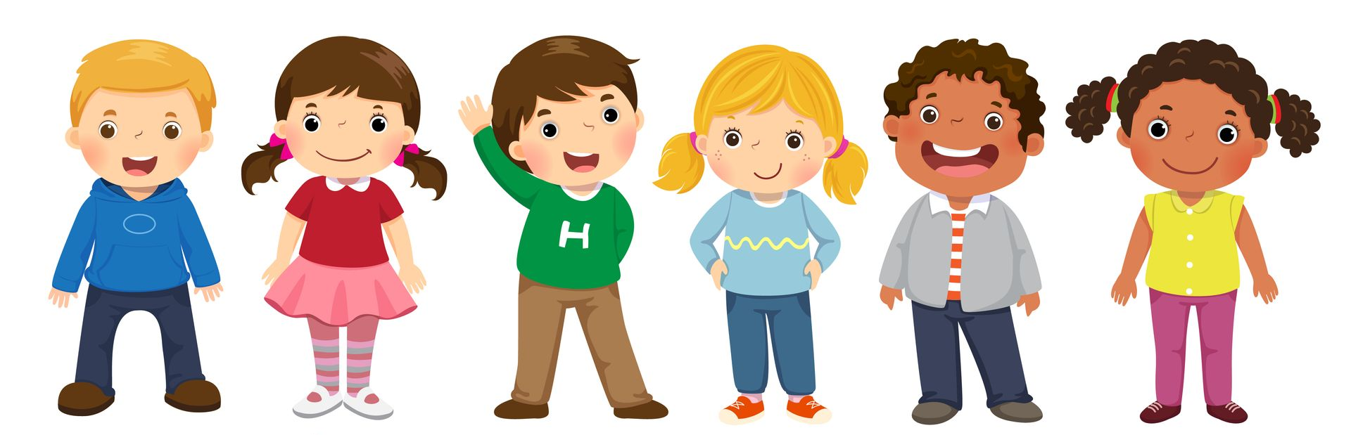Cartoon of six children standing, some waving. They wear different colored clothing.