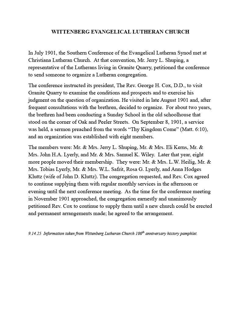 An excerpt from the 100 year history of Wittenberg Lutheran Church