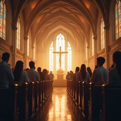 People worship in a sunlit church; a large crucifix hangs above the altar.