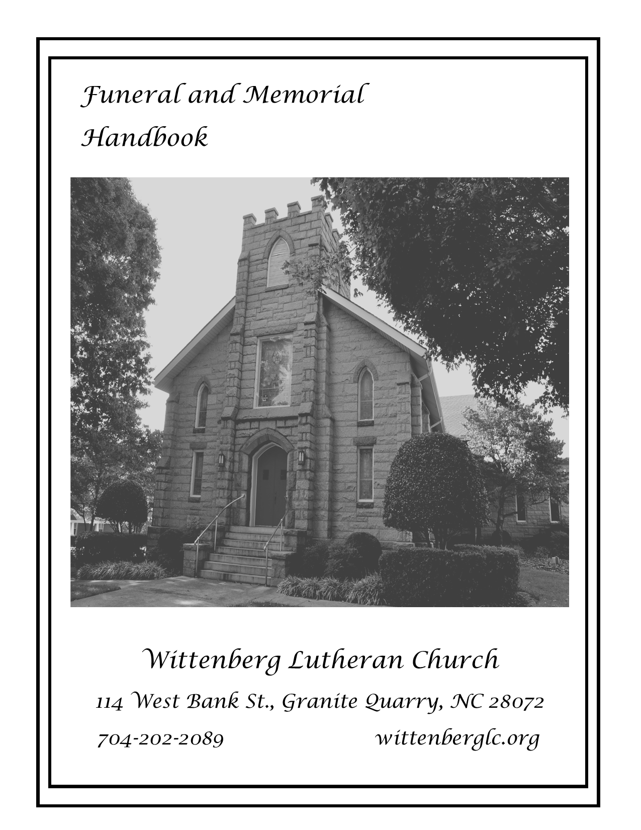 Funeral and Memorial Handbook cover from Wittenberg Lutheran Church, with church building and text.