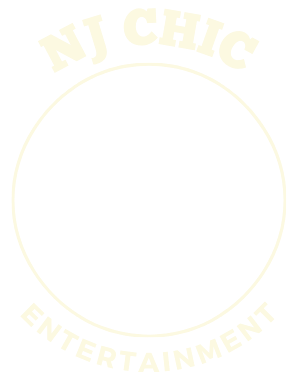 A white circle with the words nj chic entertainment written inside of it.