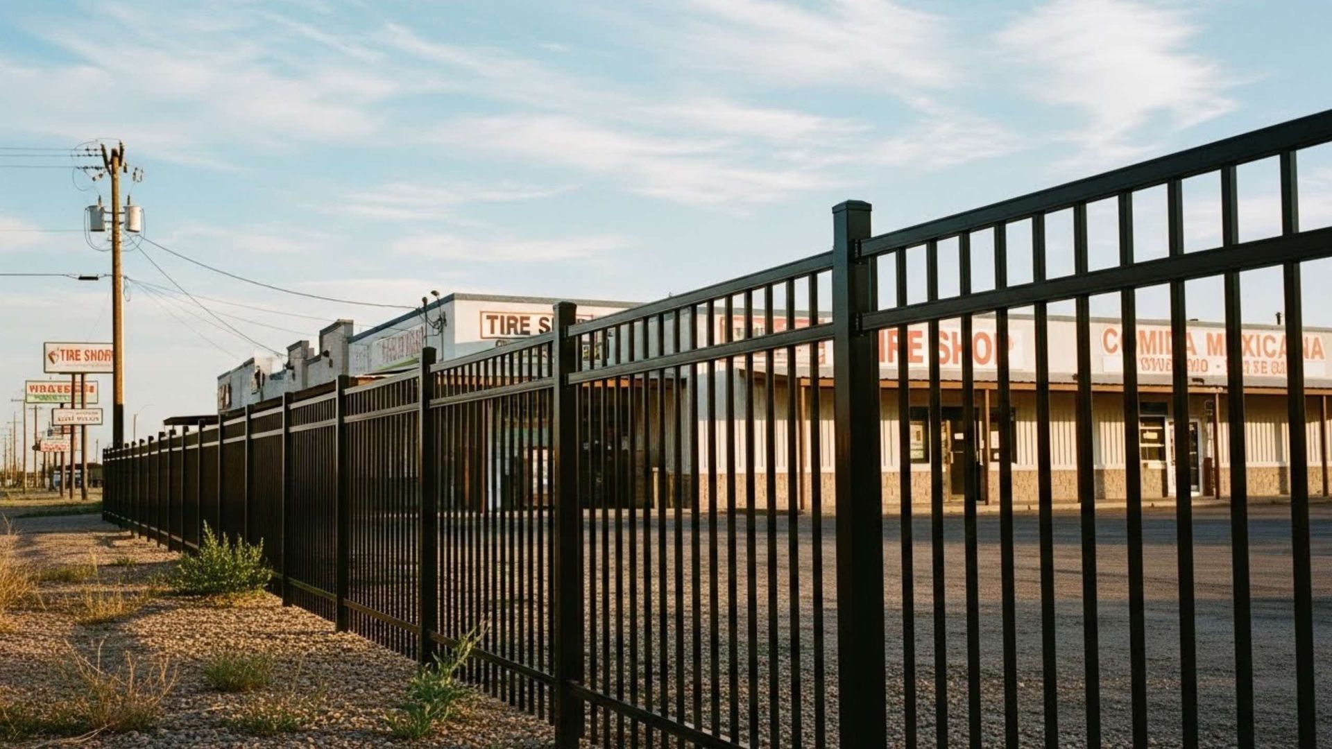 Black metal fence along a street, with a building in the background. Blue sky with telephone poles.