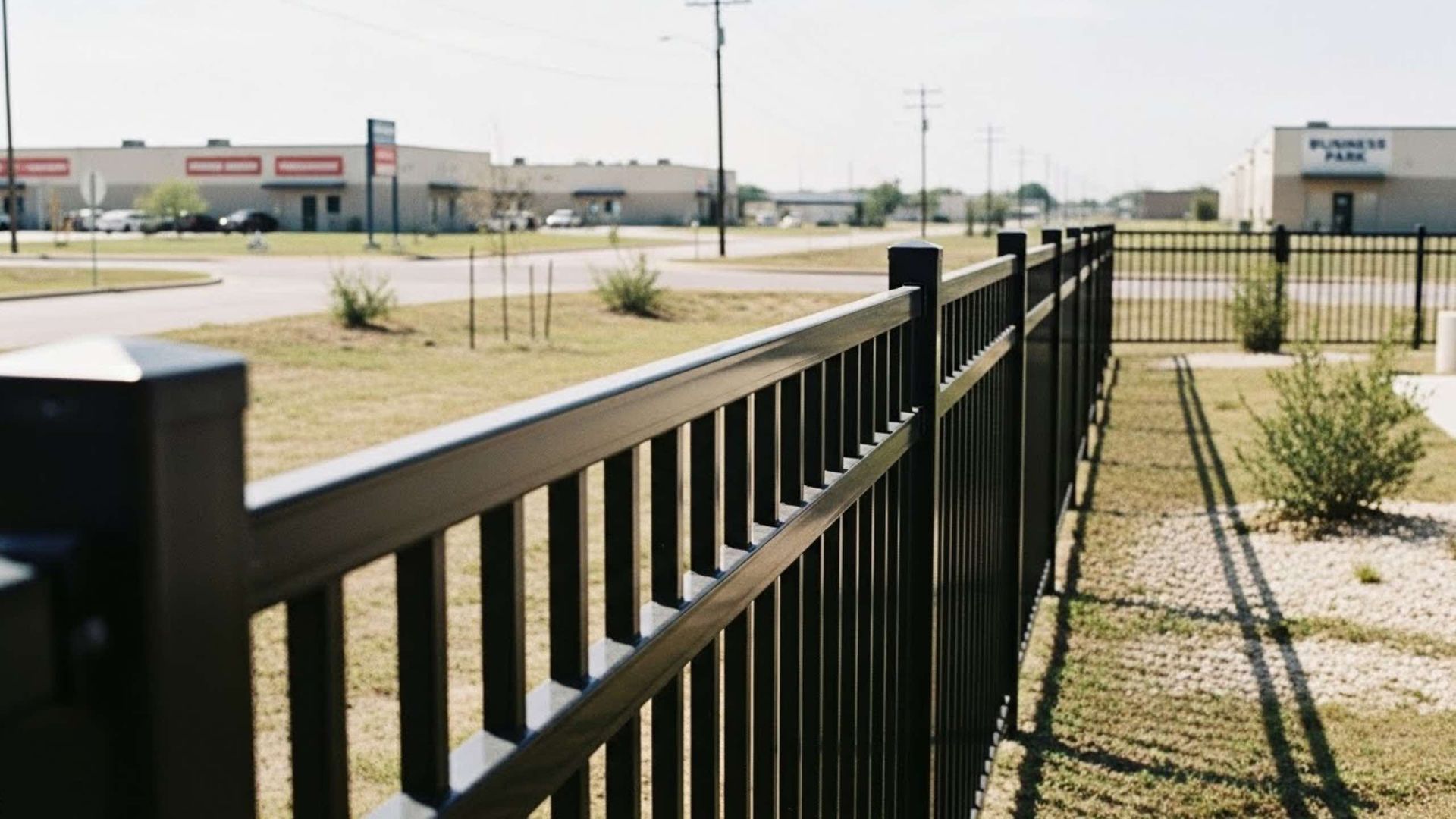 Black metal fence in a grassy area, with buildings and a street in the background on a sunny day.