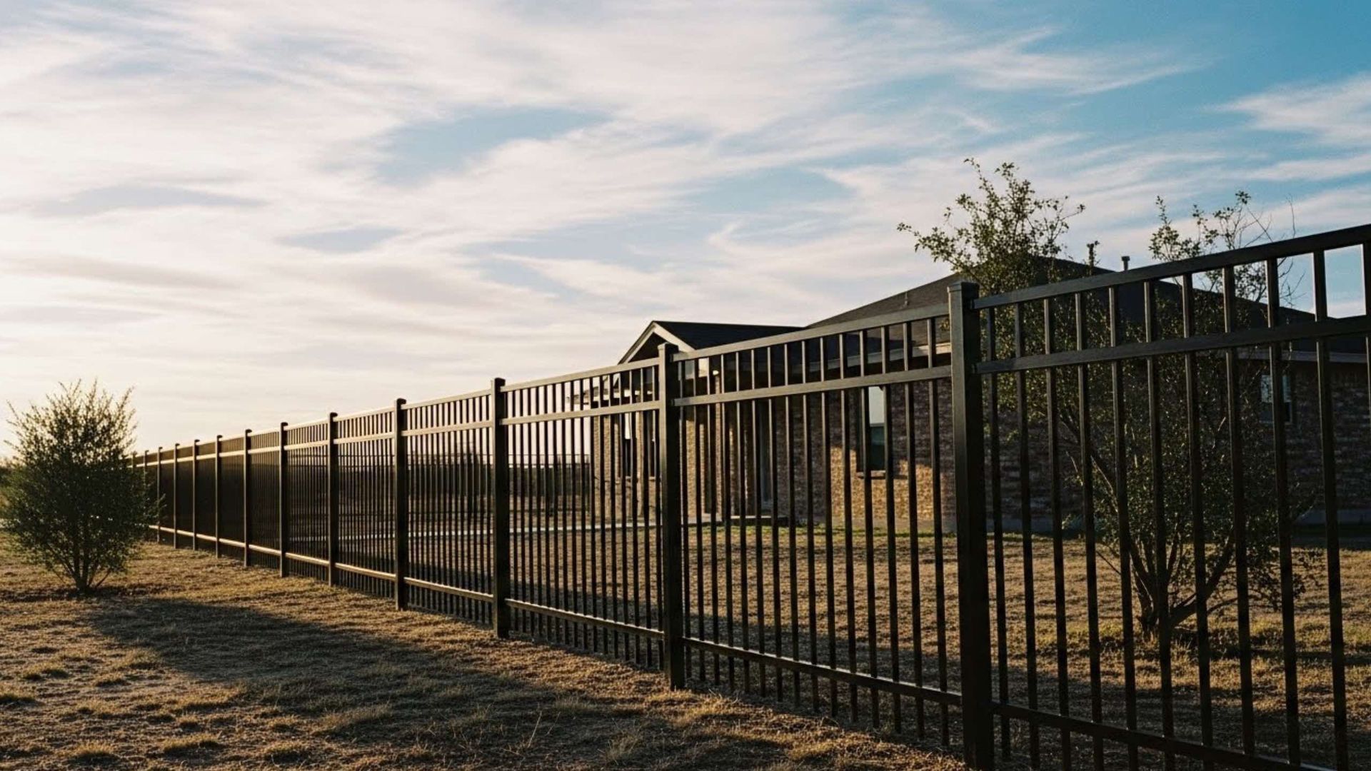 A long, black metal fence stretches across a dry, grassy field toward a house under a cloudy sky.