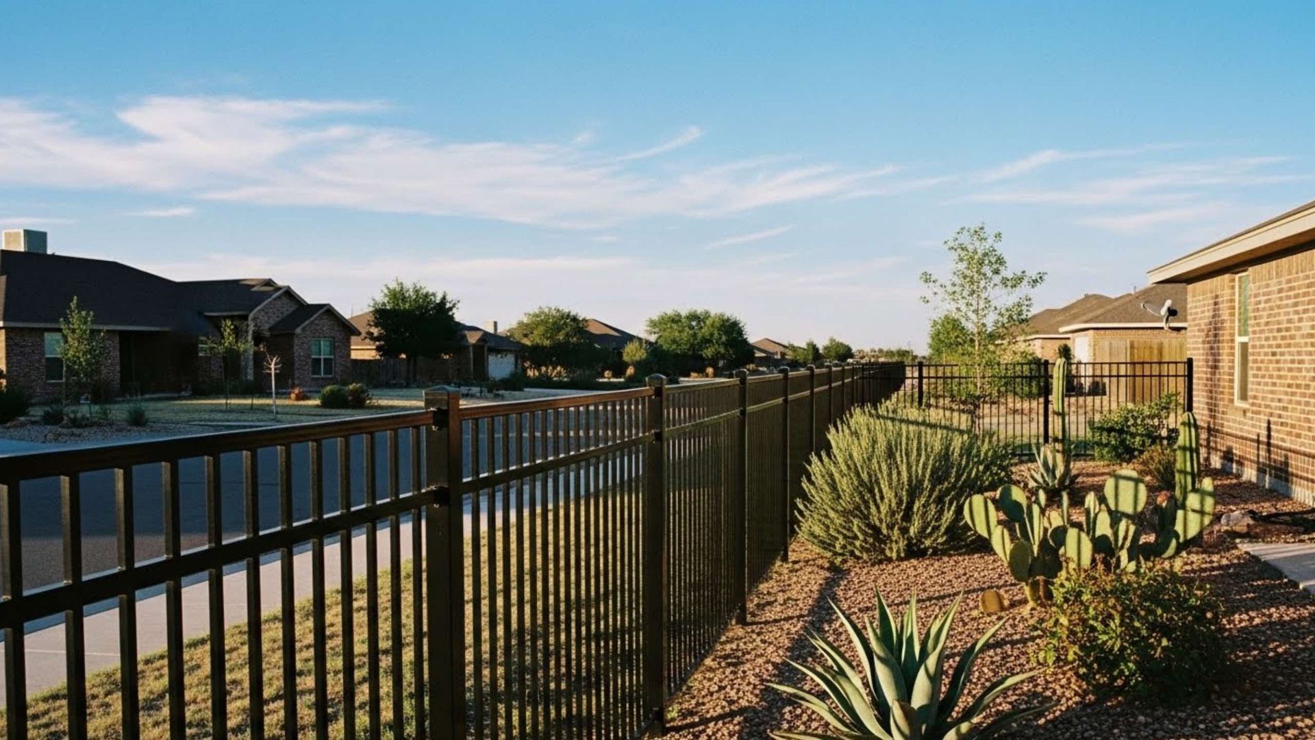 Black metal fence along a street with houses under a blue sky.
