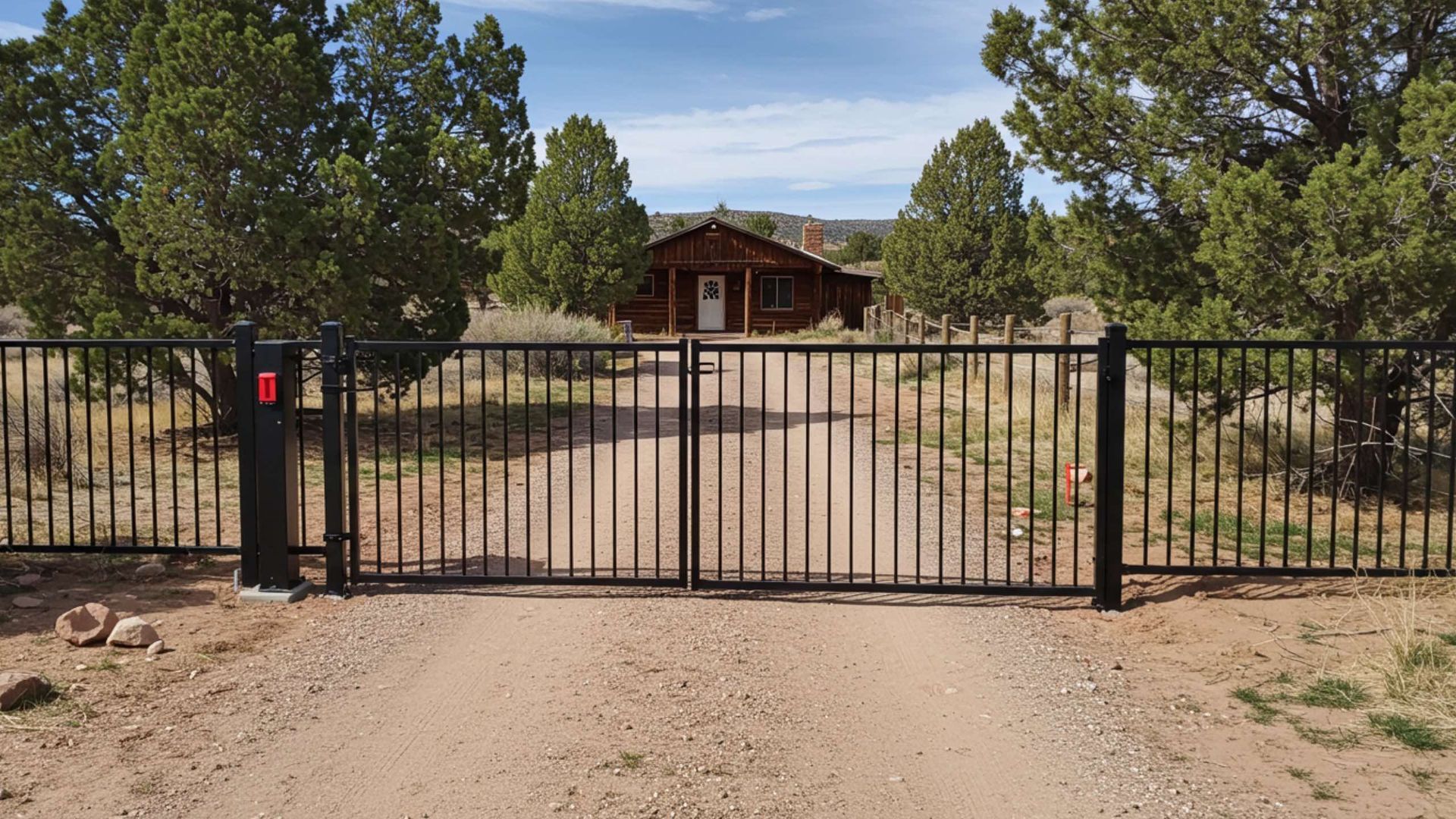 Black gate leading to a cabin in a desert-like setting. Trees frame the building.