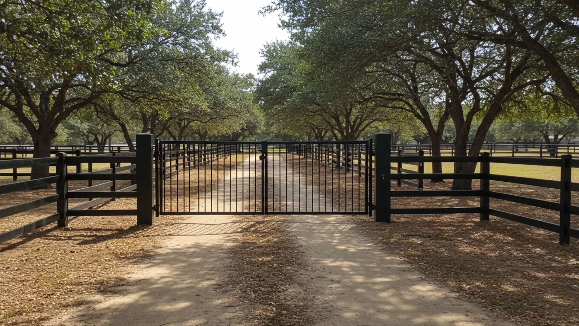 Black gate at the end of a dirt driveway, flanked by a wooden fence under a canopy of trees.
