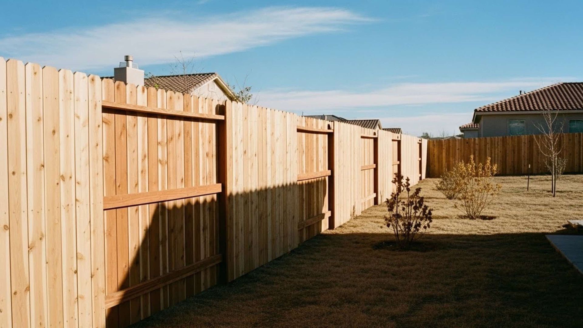 Wooden fence bordering a backyard with sparse grass, under a bright blue sky.