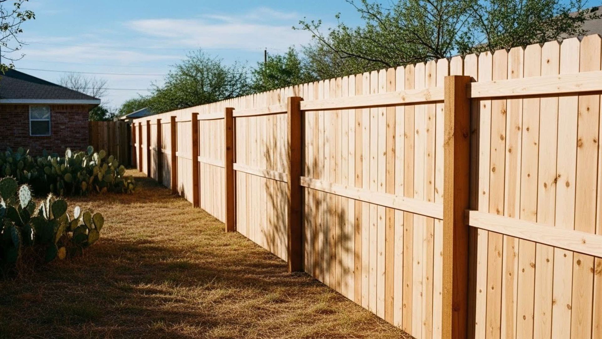 Wooden fence surrounding a backyard with dry grass and cacti.