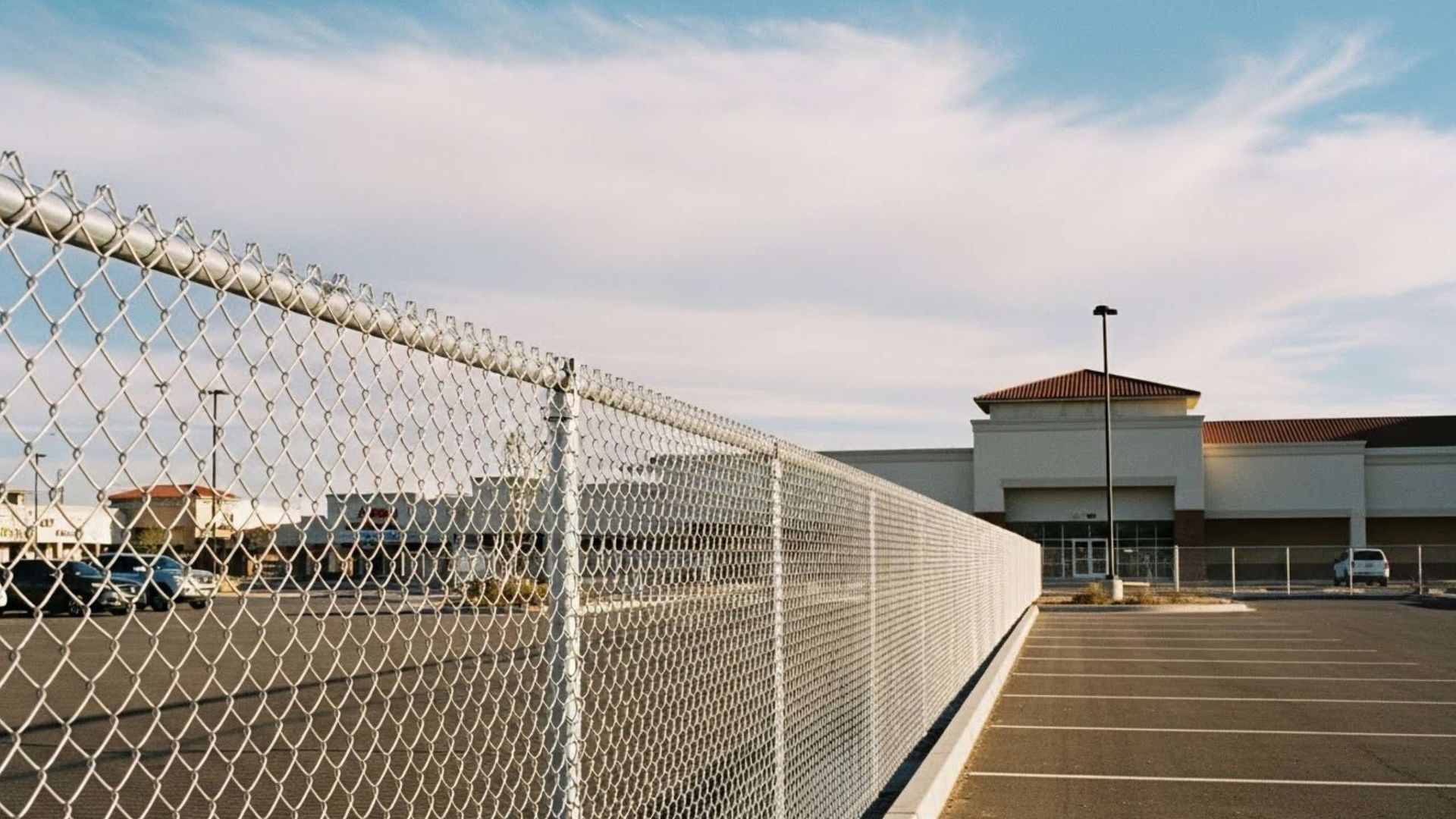 Chain-link fence in front of a parking lot and a building with a tile roof and garage doors. Blue sky.