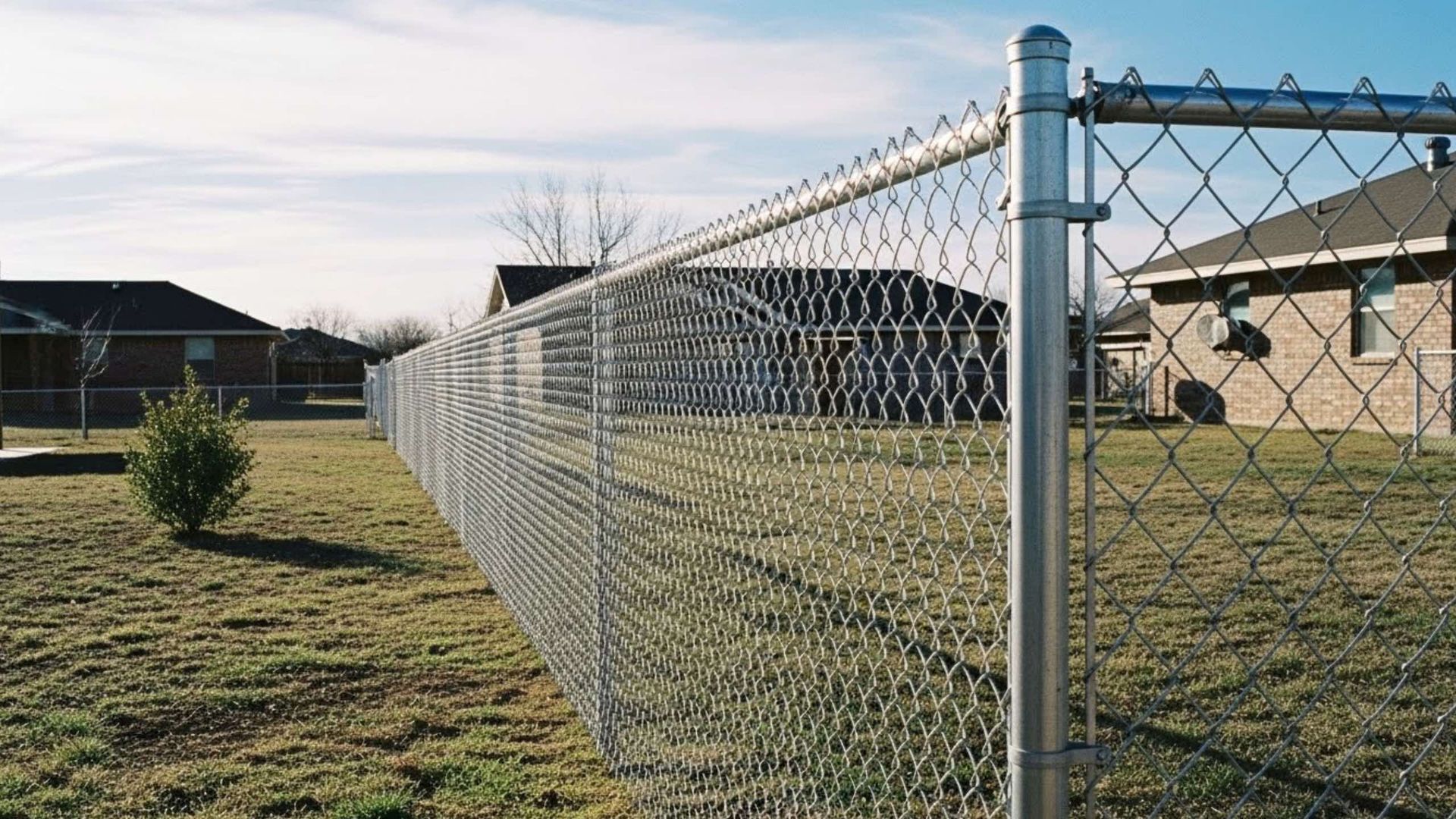 Chain-link fence along a grassy yard in front of buildings on a sunny day.