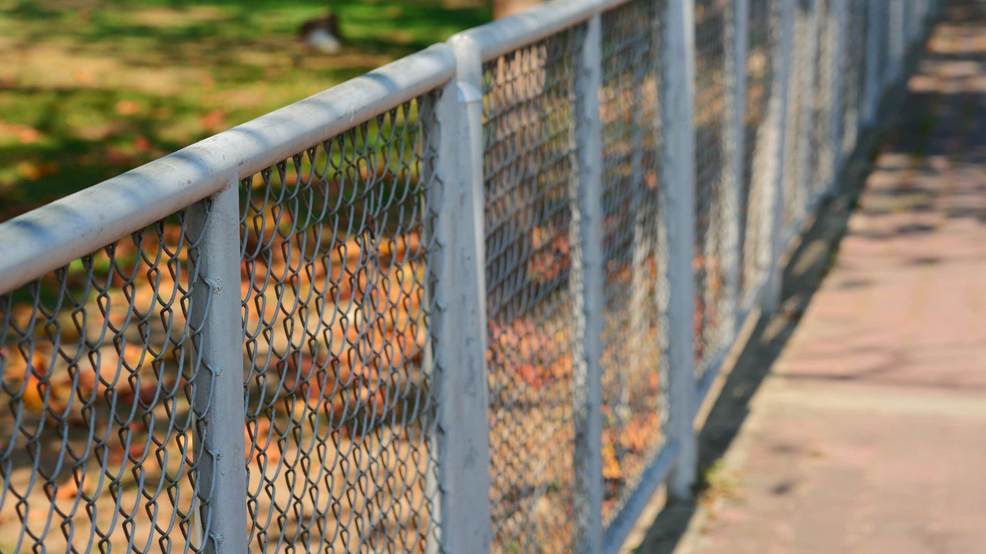 A chain link fence along a sidewalk in a park.