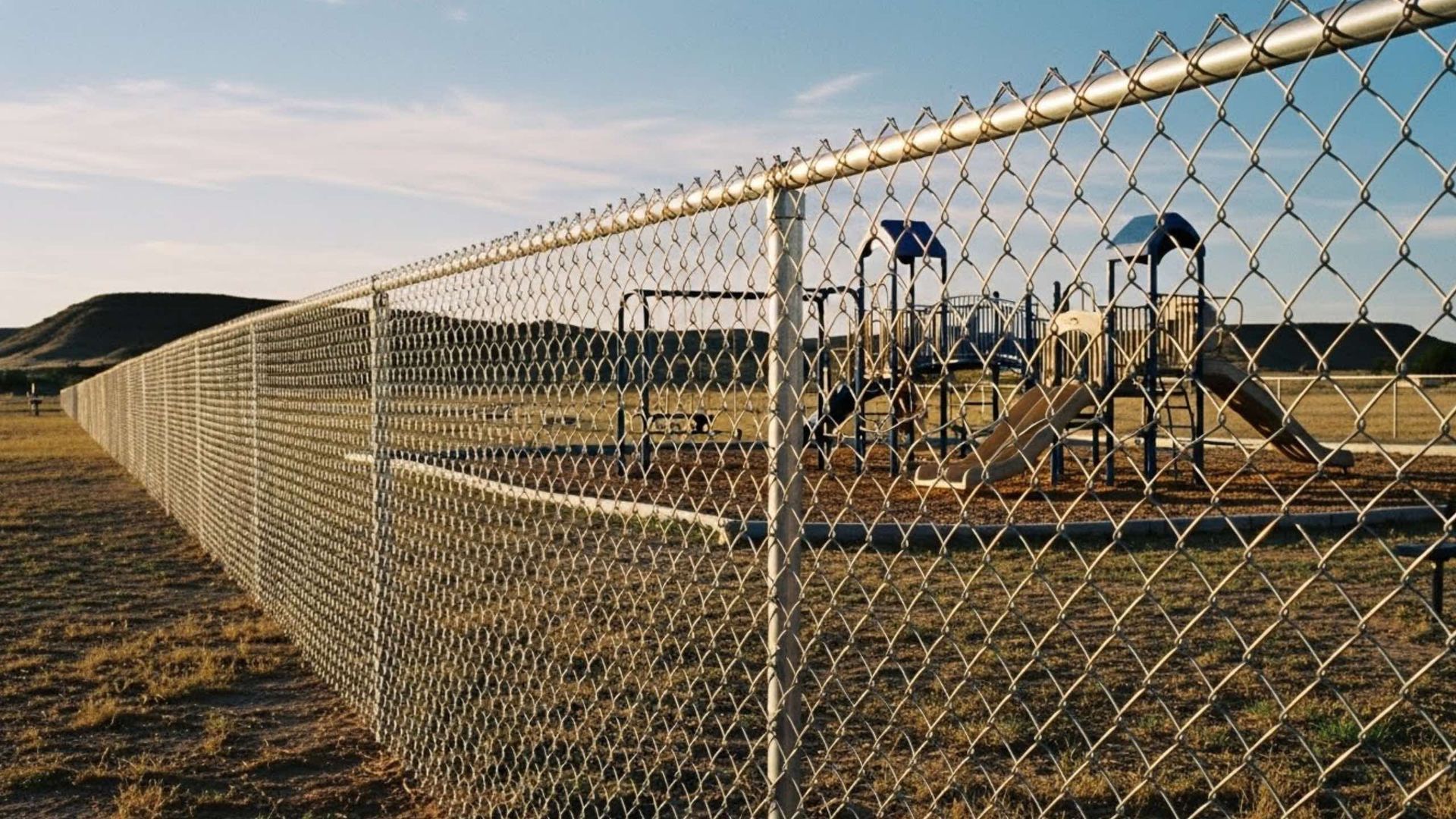 Chain-link fence surrounding a playground with slides, swings, and other equipment on a sunny day.