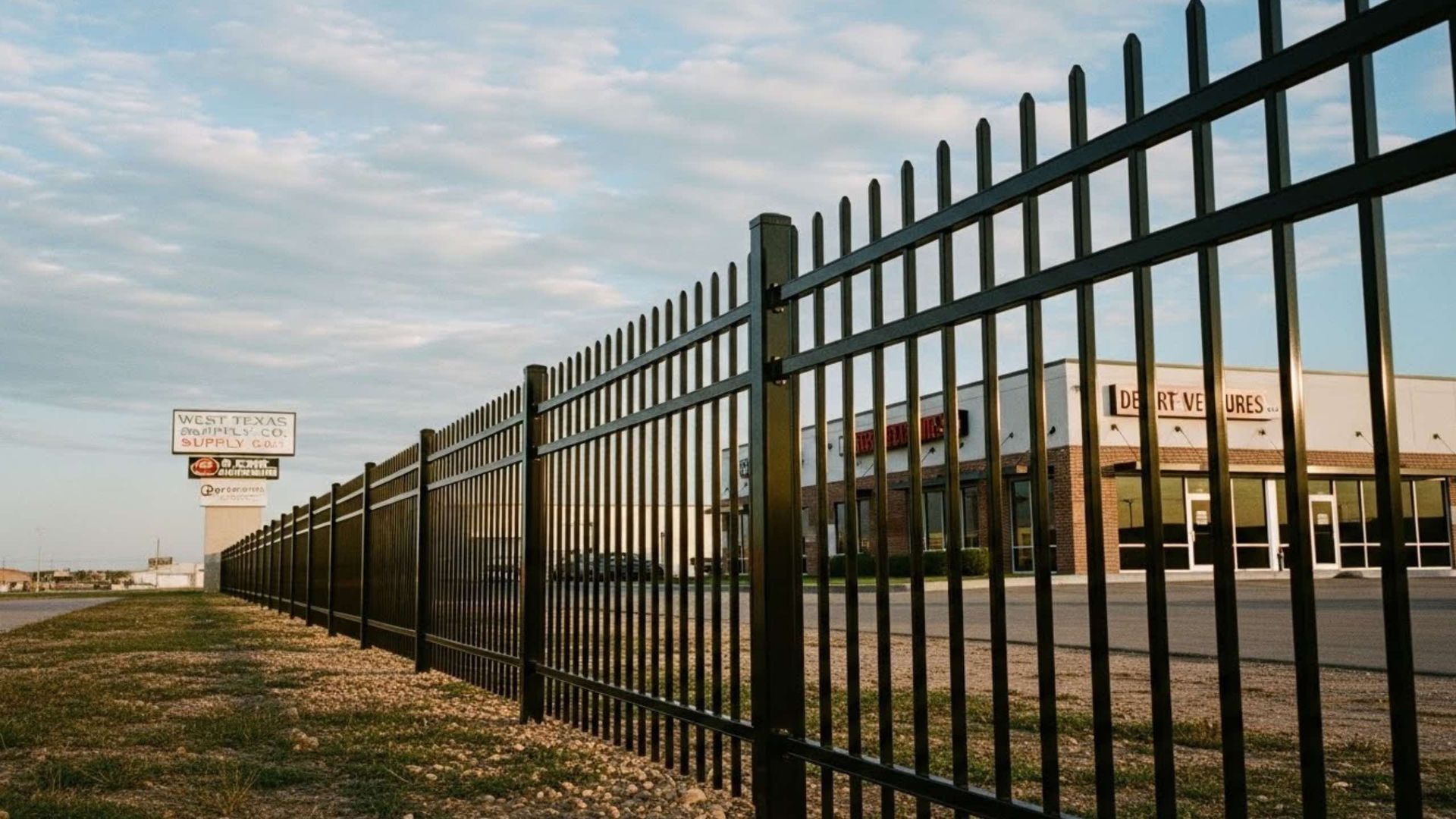 Black metal fence with pointed tops, green grass, and a commercial building under a cloudy sky.