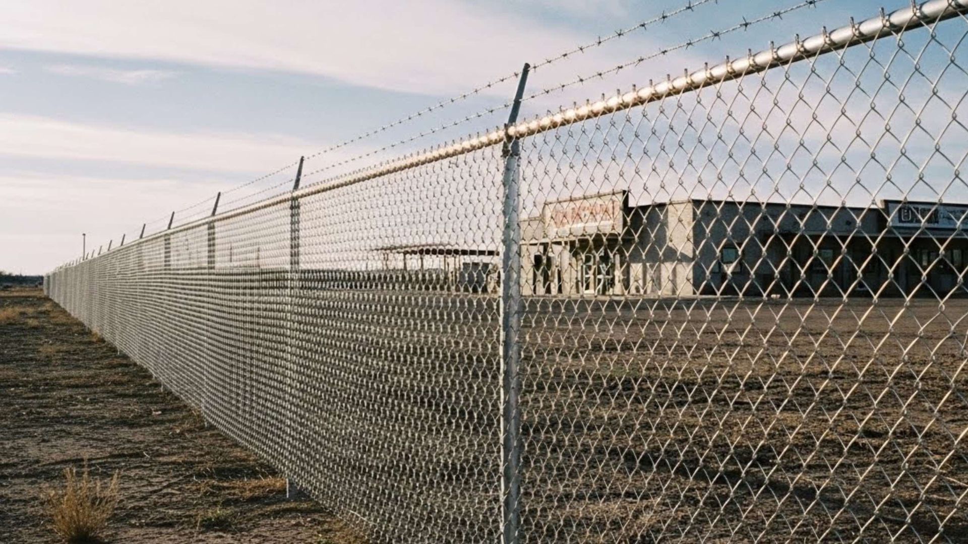 Chain-link fence in front of a vacant building on a dry, grassy plot under a blue sky.