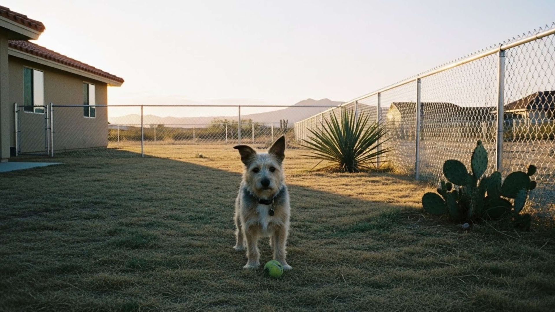 A small, wire-haired terrier stands in a dry, desert backyard with a green tennis ball near its front paws.