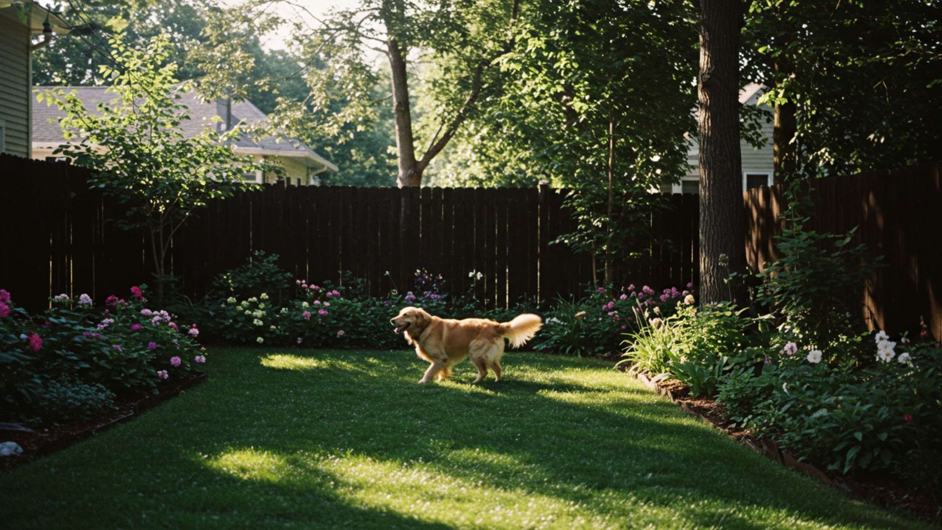 Golden retriever running in a sunny backyard with dark fence and flower beds.