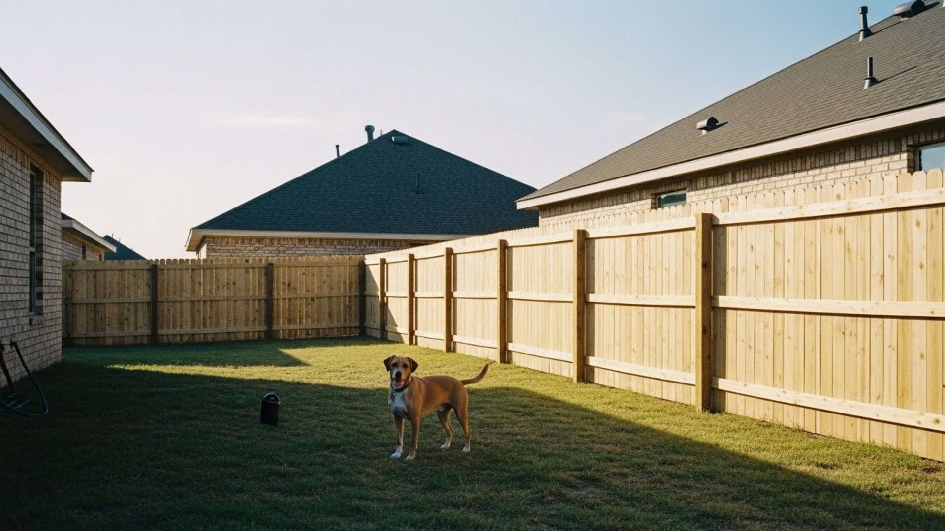 A medium-sized brown dog stands in the middle of a grassy residential backyard, enclosed by a tall wooden privacy fence.