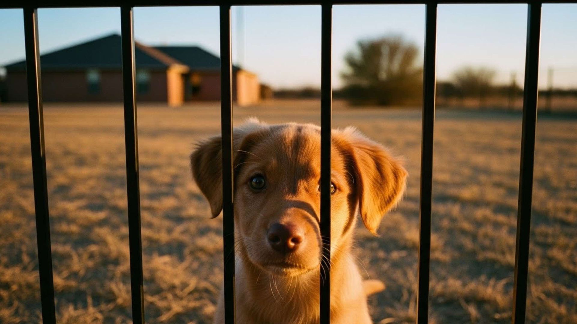 Puppy looking through a black fence; brown fur, outdoor setting with a house and trees in the background.