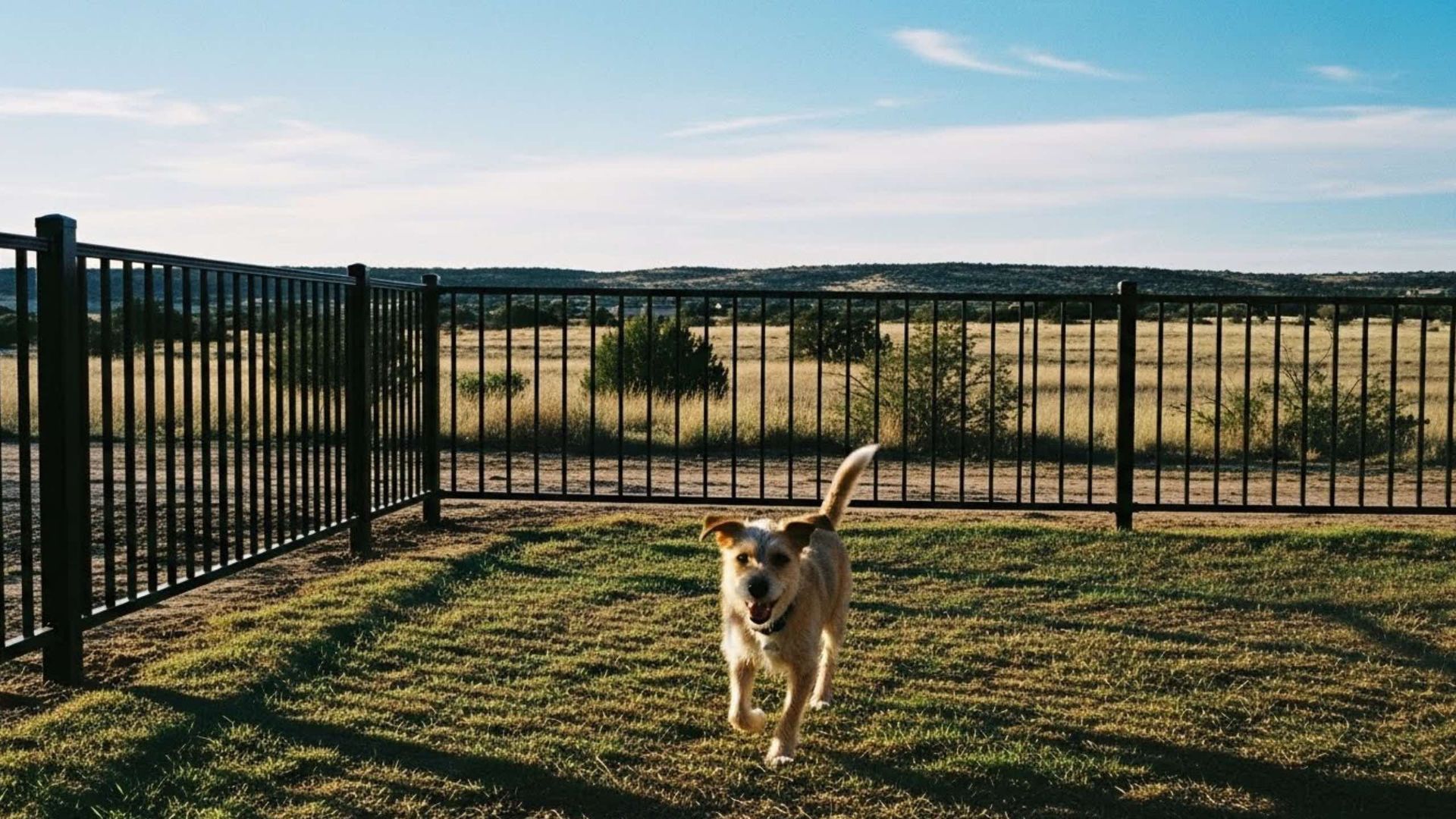 Dog behind a chain-link fence, brown and white fur, looking at camera.