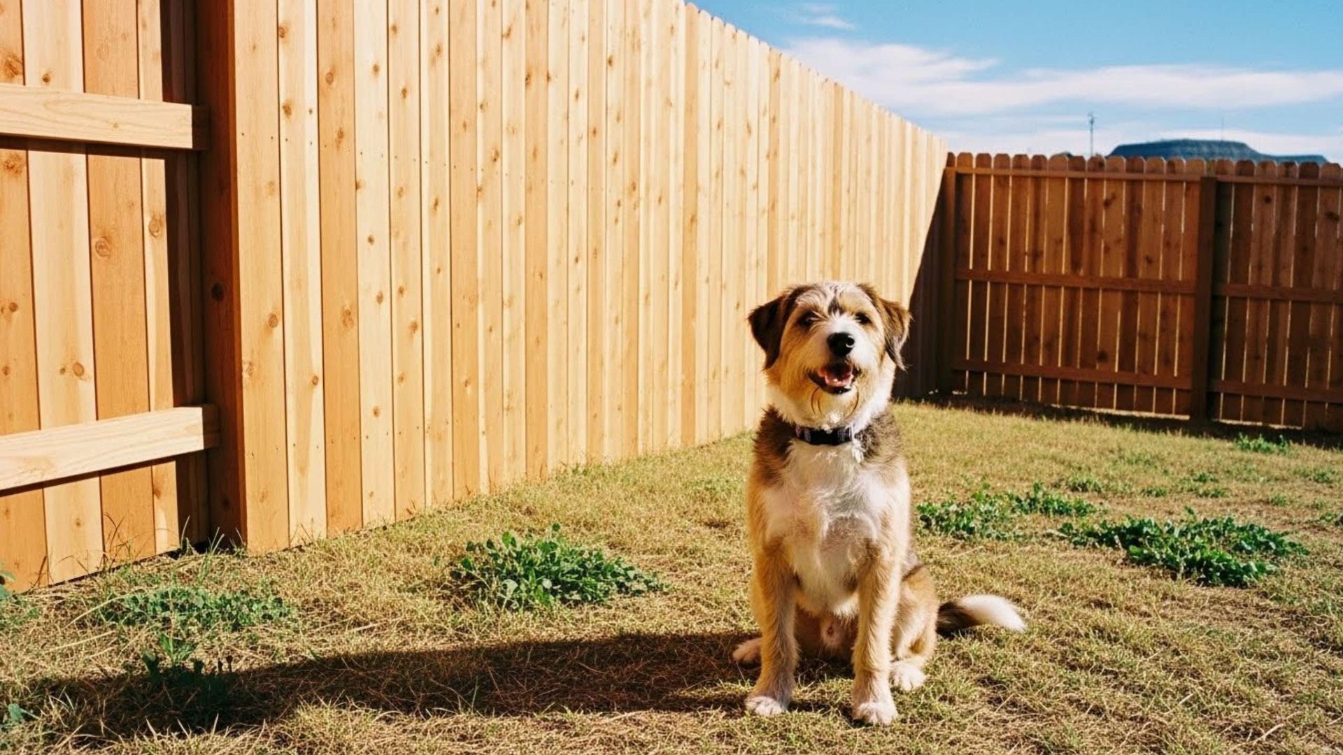 Dog sitting in a grassy yard, smiling, in front of a wooden fence.