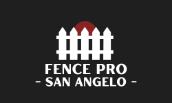 Logo for Fence Pro San Angelo: white picket fence silhouette with red sun rising behind it, on black background.