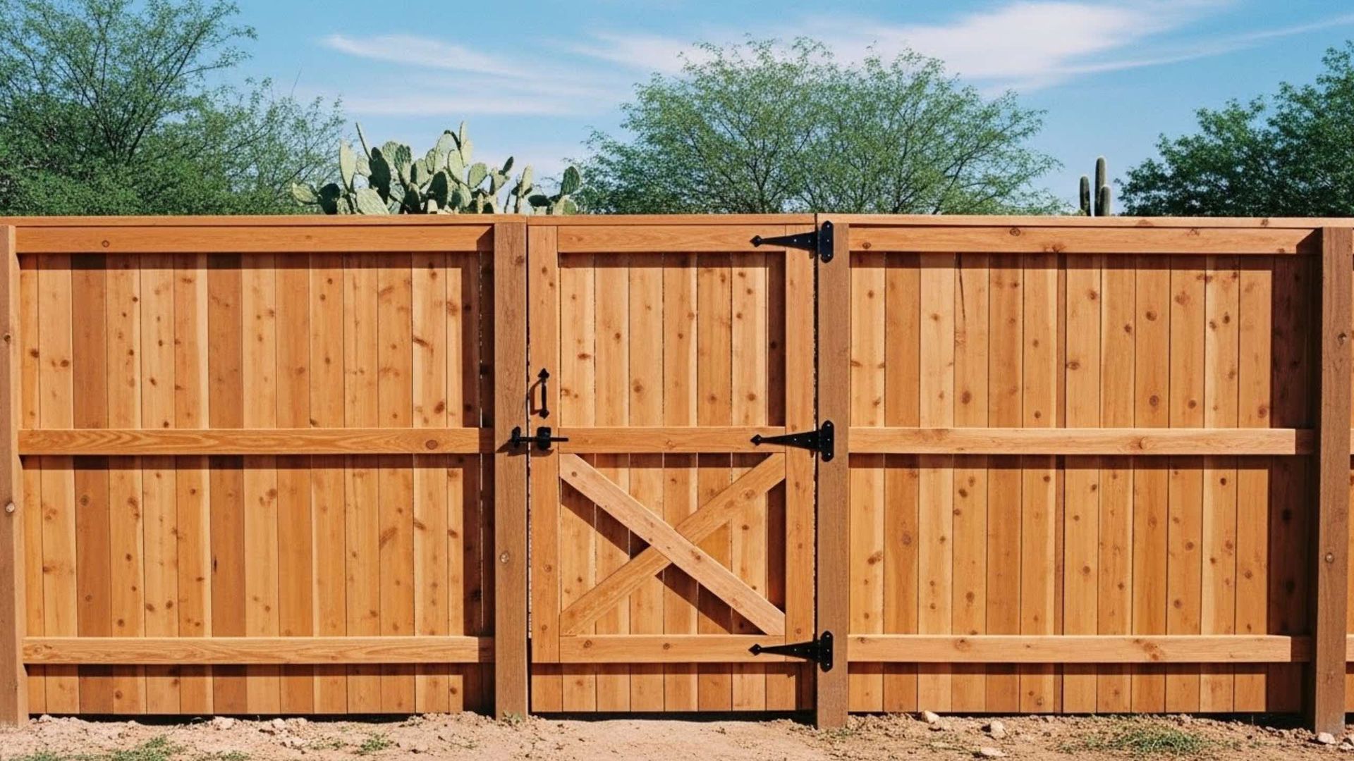 Wooden fence with two gates, brown planks, black hardware, and trees in background.