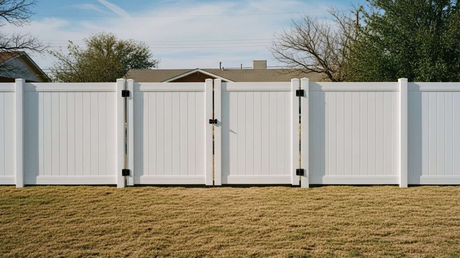 White vinyl fence and gate in front of a yard; houses and trees in the background.