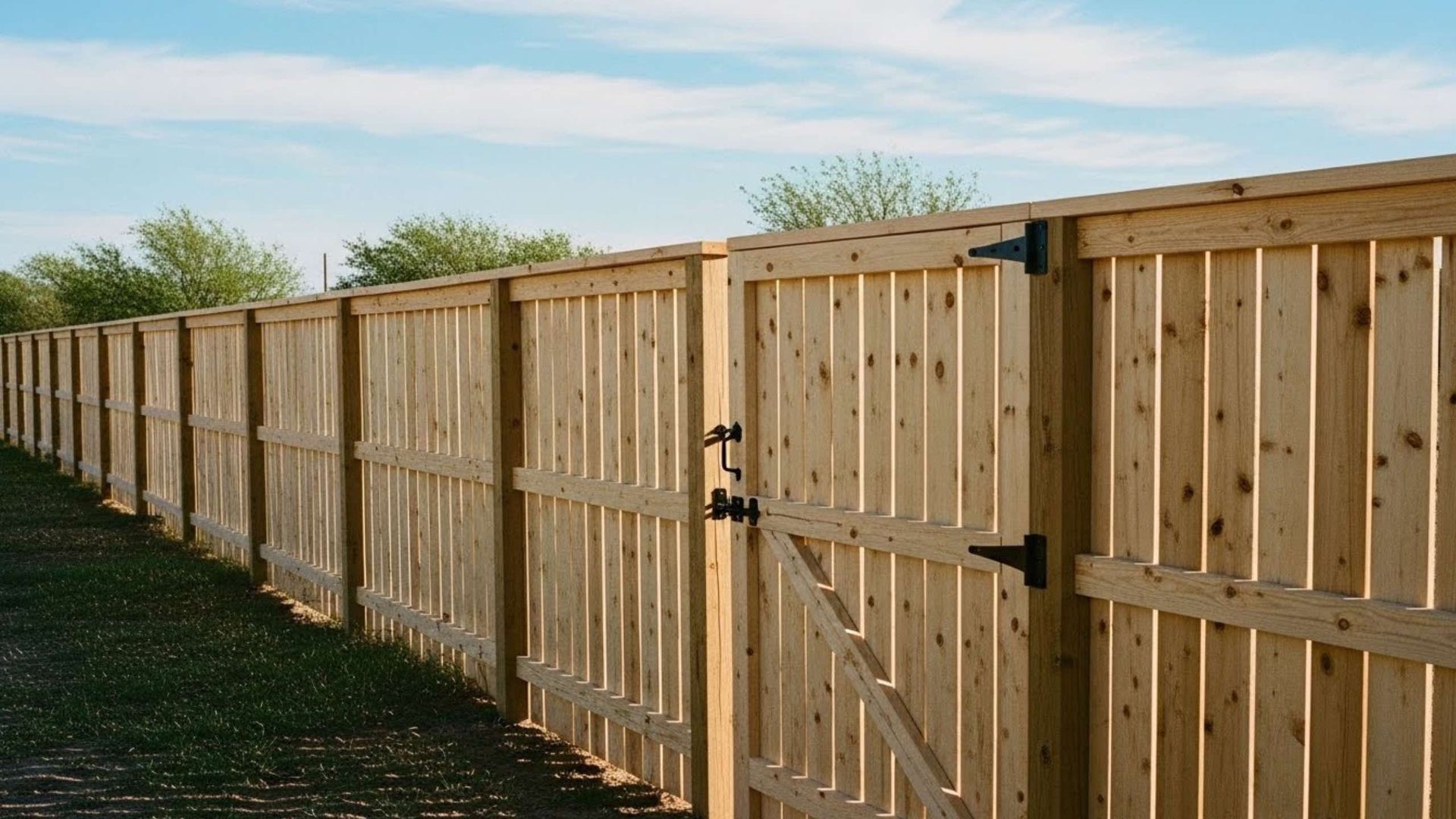 Wooden fence with gate, set against a blue sky, enclosing a grassy area.