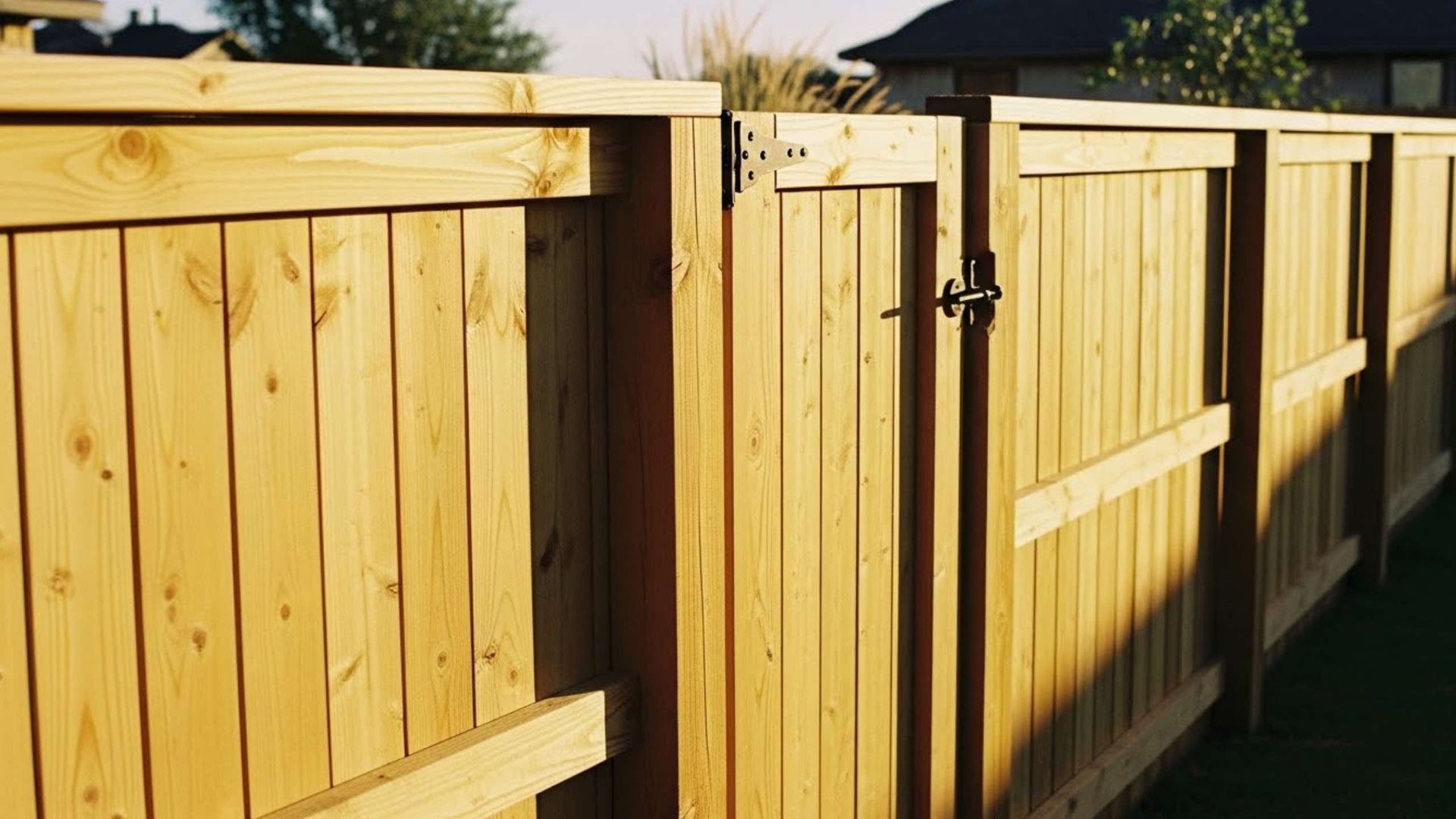 A new, light-brown wood privacy fence with a small integrated gate and horizontal bracing, viewed from an angle.