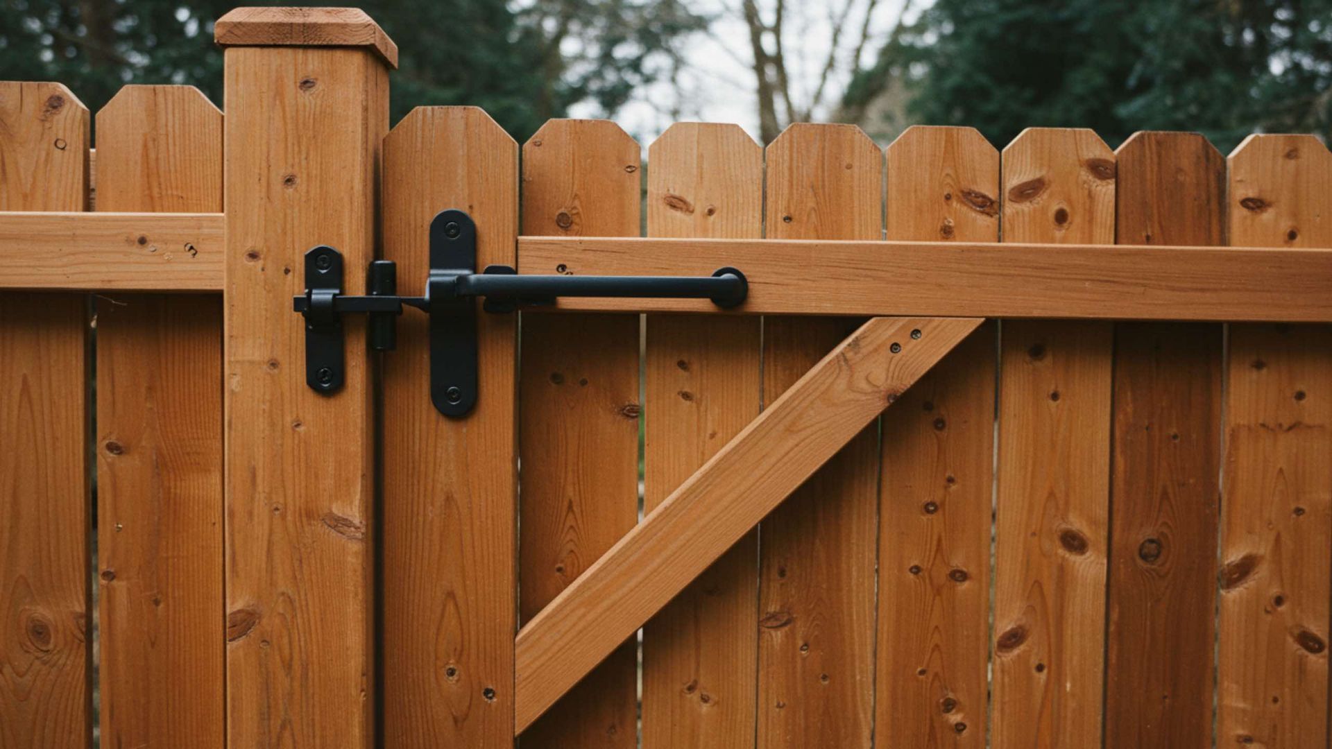 Wooden gate with black latch and diagonal support beam.